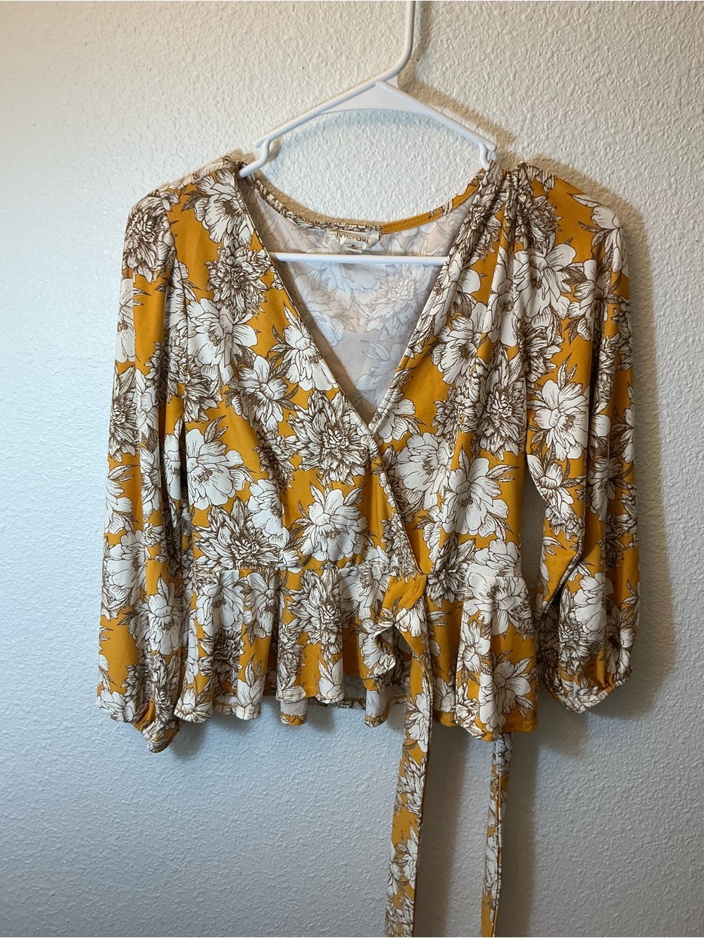 Meraki Mustard Floral Wrap Blouse Peplum Tie Waist Top Women’s Medium